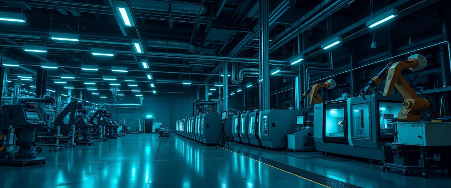 Automated manufacturing floor with robotic arms and CNC machining cells